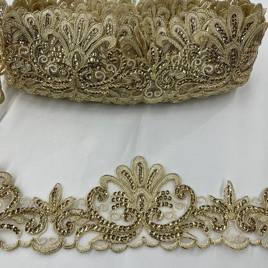 Beaded & Corded Floral Lace Trimming Embroidered on 100% Polyester Net Mesh | Lace USA - 97216W-SB