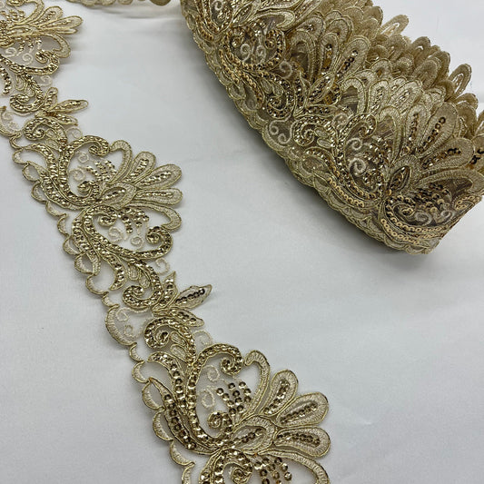 Beaded & Corded Floral Lace Trimming Embroidered on 100% Polyester Net Mesh | Lace USA - 97216W-SB